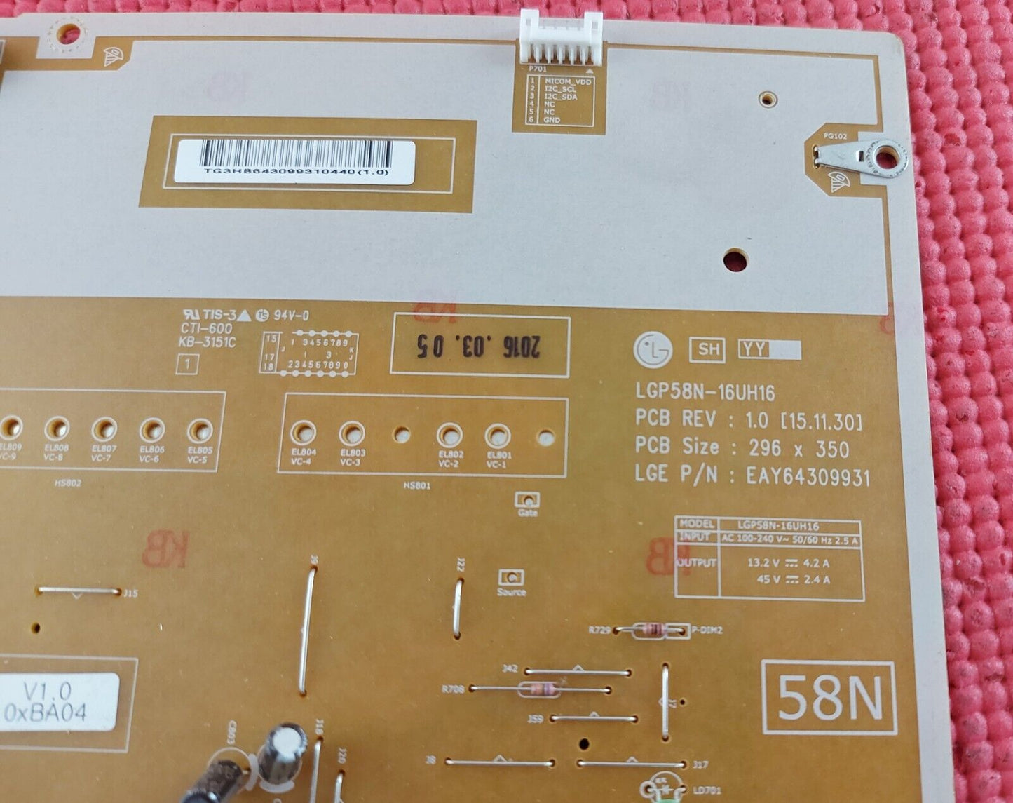 POWER SUPPLY BOARD FOR LG 58UH635V 58UH6300 58" TV EAY64309931 LGP58N-16UH16 58N