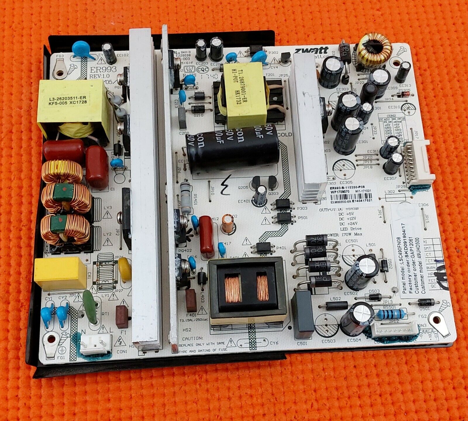 POWER BOARD FOR LINSAR 49UHD500 49" LED TV ER993-B-115350-P08 REV:1.0 WP1709070 